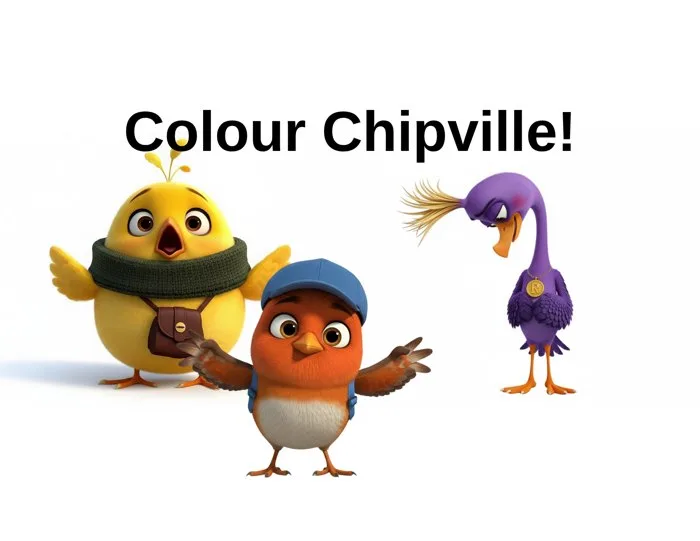 Colour Chipville colouring book cover with three bird friends
