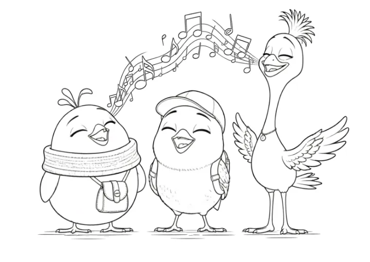 Three bird friends singing, a colouring page to print